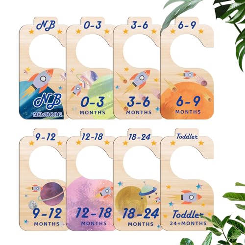 Image of Micayg Baby Wardrobe Dividers Clothes Organizer - Set of 8 Rocket Space Wood Reversible Baby Clothing Size Hanger Organizers Perfect for Kids Room Decor from Newborn to 24 Months