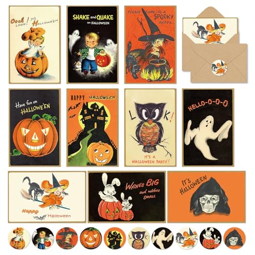 Cartes de vœux d'Halloween avec enveloppe autocollante au design vintage premium