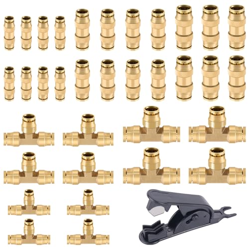 Image of CheeMuii 35 PCS Brass DOT Air Line Fittings Kit 1 /4 3 /8 1 /2 DOT Quick Connect Air Fittings Straight & Tee Union Push to Connect Air Hose Fittings for Semi Truck Trailers Air Brake System