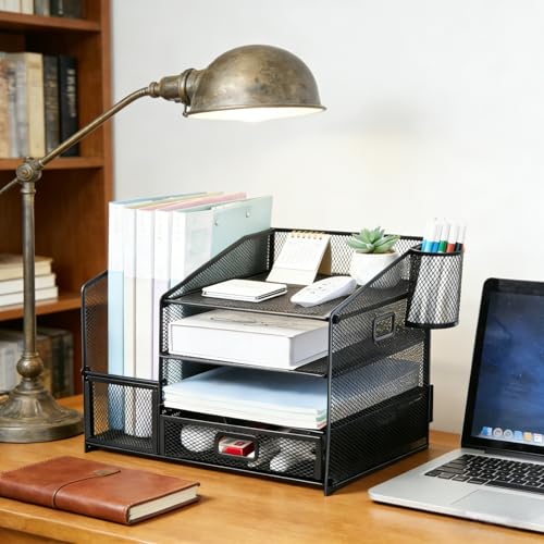 Tonsmile Schreibtisch Organizer mit Schublade, Büro Organizer mit 2 Stifthaltern, Ablage für A4 Akten, Dokumente, Zeitschriften, Papiere & Schreibwaren, Schreibtisch Ordnungssystem für Büro