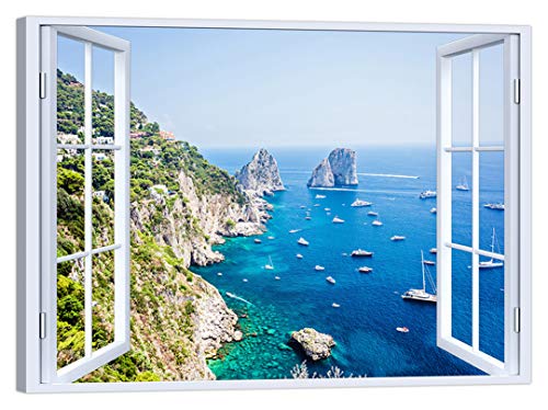LuxHomeDecor Quadro finestra su capri 100x75 cm Stampa su Tela con Telaio in Legno Arredamento Arte Arredo Moderno