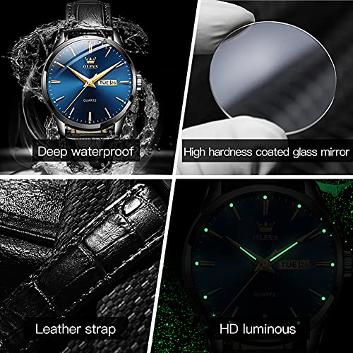 Olevs Men Wrist Watches For Men Blue Dial Black Leather Big Face Analog Quartz Calendar Day Date Waterproof Luminous Male Luxury Casual #TOP4