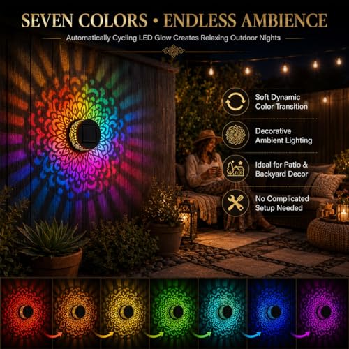 Solar Mandala Wall Lights Outdoor Lamps 7 Color Decorative Projection Fence Lighting Waterproof Metal Round Disc Boho Fixture for Deck Steps Stairs Wall Art Ideal for Backyard Yard(3pcsColorful) by Hvcemi - Used condition - Image 3