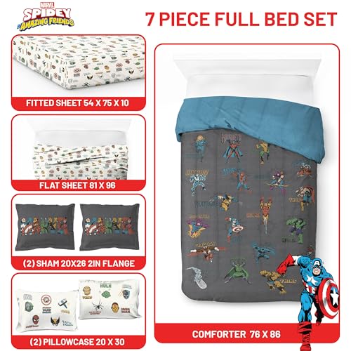 Image of Marvel Comics Avengers Full Size Comforter Set 7 Piece Bedding, Gray | Hulk Captain America, Comforter Sheets Shams Pillowcases, Official Product, Microfiber, Machine Washable, Boys Gift
