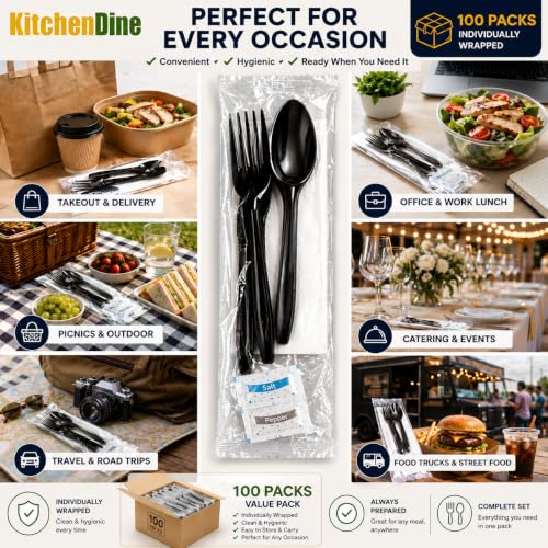KitchenDine 100 Pack Medium Weight Wrapped Black Plastic Cutlery Pack with Napkin and Salt/Pepper Packets (Black) by KitchenDine - Used condition - Image 7