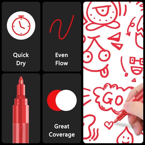 Image of SFAIH Acrylic Red Paint Pens - 8 Pack 2-3MM Medium Tip & 0.7MM Extra Fine White Paint Marker for Rock Painting, Wood, Metal, Fabric, Canvas, Glass, Ceramic, Diy Crafts
