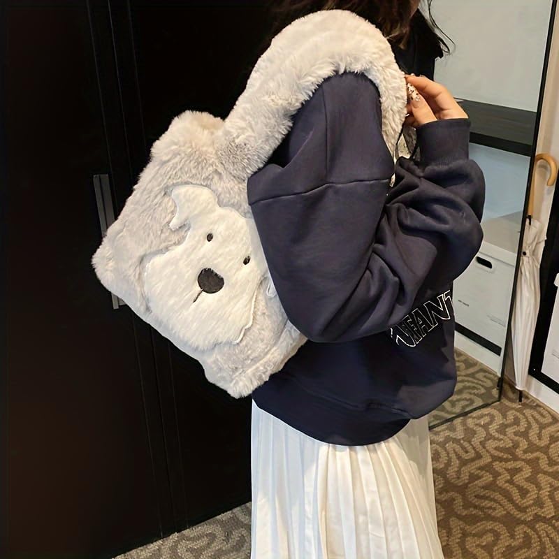 [N&M] 女性用コージープラッシュパピートートバッグ - ソフトなフェイクファーショルダーハンドバッグ、磁気クロージャー付き、秋冬