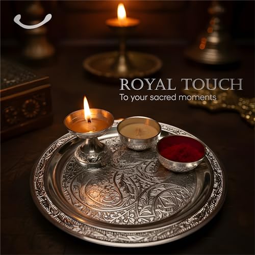 Image of Trinity Designs Silver Pooja Thali Set 8 Inch | Decorative Aarti Thali 234 Grms Silver Plate with Diya & Chandan Bowls | German Silver Thali Set Mandir, Festivals & Gifting | Puja Thali Set for Home