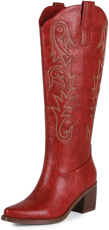ZJA Women Western Cowboy Boots Knee High Cowgirl Tall Boots with Block Chunky Heel for Casual Rodeo Embroidered Pull On Pointed Toe Morning Glory Boots