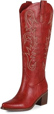 ZJA Women Cowboy Boots Knee High Cowgirl Tall Pointed Toe