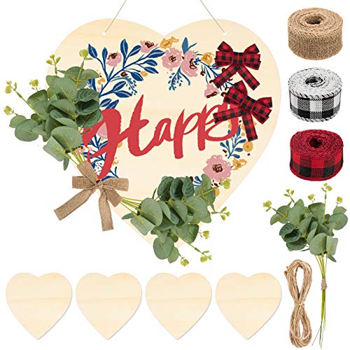 Set of 4 Hanging Unfinished Wooden Sign- 4 Blank Welcome Heart Slices with Twine + 3 Ribbon + 10 Artificial Eucalyptus Rustic Front Porch Door Decor for DIY Crafts Welcome Home Sign (Heart)