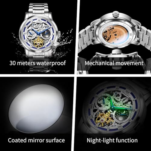 Image of OLEVS Automatic Men Watch Self Winding Mechanical Moon Phase Business Luxury Diamond Dress Stainless Steel Waterproof Luminous Mens Wrist Watch