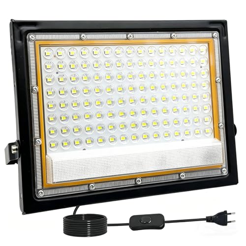Tkdaksy Focos LED Exterior 100W, 1.5M Cable Blanco Frío 6500K Proyector LED Exterior, Resistente al Agua IP66 Foco Proyector LED, 10000LM para Terrazas, Patios, Balcones, Parques, Garajes, Fábricas