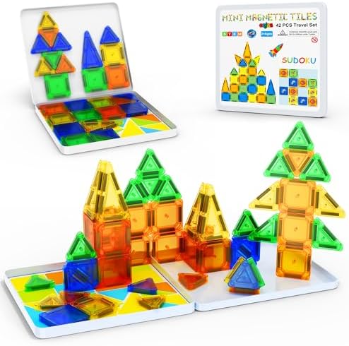 Bonus Sudoku Play, 42pcs Mini Magnetic Tiles Travel Set with Case, Mini Magnetic Blocks, Portable Travel Toy for Kids, STEM Educational Sensory Toys, Classroom Must Have