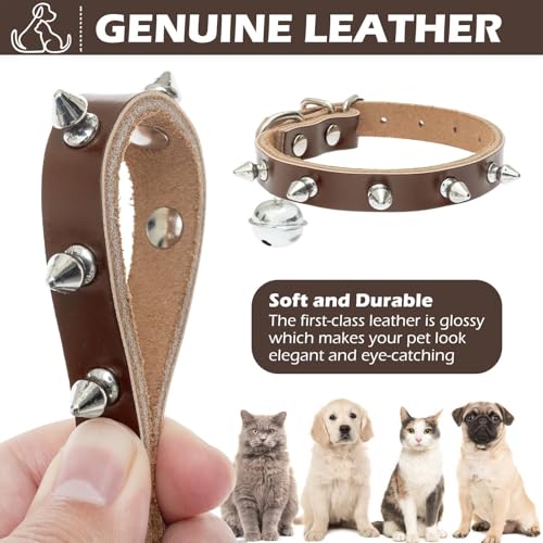 BINGPET Spiked Leather Cat Collar with Bells, Studded Dog Collar with Buckle, Soft Goth Kitten Collars with Spikes Adjustable, Punk Gothic Pet Accessories for Small Dog Puppies, Brown 7.9 "- 10.2" — view 3