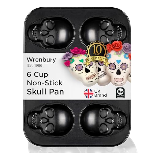 Wrenbury Large Skull Cake Pan - Non Stick 6 Cup Halloween Baking Mould Tray - for Bold, Spooky Bakes - Durable Carbon Steel, Food Safe - 12cm Cup