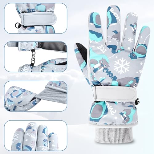 Image of TRIWONDER Kids Mittens Winter Waterproof Ski Mittens Children's Fleece Snow Gloves Thicken Thermal Mitts Cartoon Skiing Gloves for Boys Girls (Gray, S)