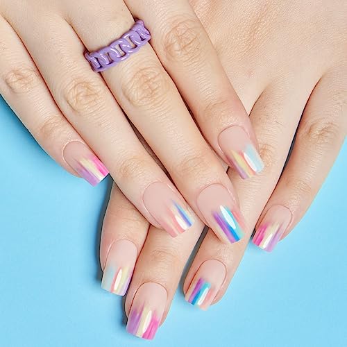 Summer Press on Nails Square,Colorful French Tip False Nails with Blaze Design,24PCS Short Square Gel Soft Glue on Nails Rainbow Nails Press ons for Women Gilrs Gift by Lacheer
