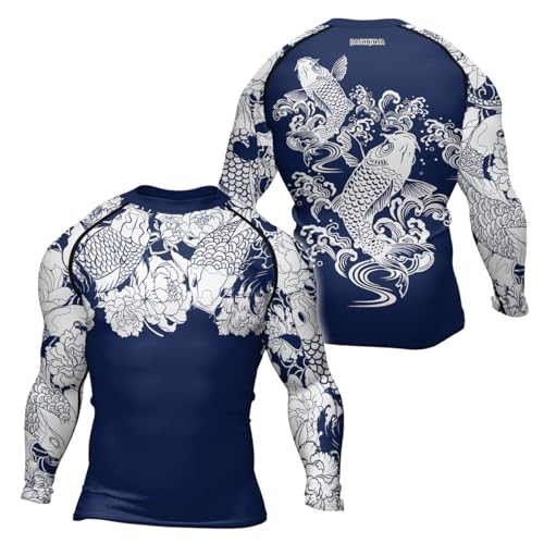 Japanese Koi Fish Ranked Long Sleeve Rash Guard for Men MMA BJJ Jiu Jitsu Base Layer Combat Shirt