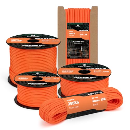 Kamu Synber 550 Paracord 4mm 10m Corda Paracord 7 Fili Tipo 3 Nylon Corda Paracadute per Sopravvivenza, All'aperto, Campeggio | Supporto 250kg | Arancione