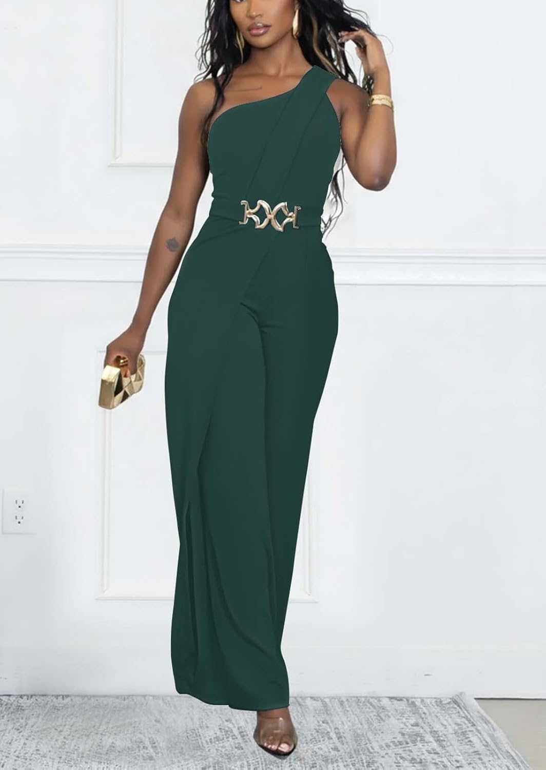 acelyn One Off Shoulder Jumpsuit for Women Sexy Dressy Sleeveless Belted Wide Leg Jumpsuit Elegant Party Outfit - Image 3