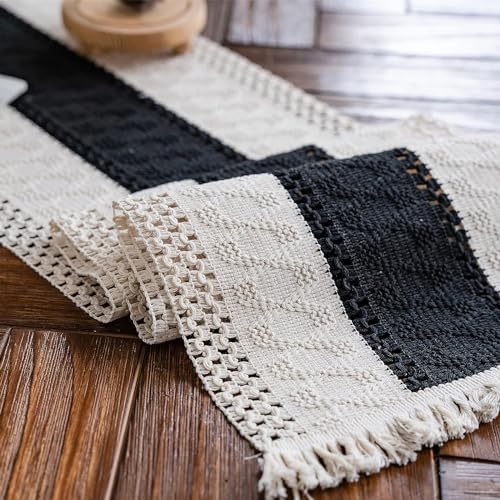 Weldomcor Macrame Table Runner Cream Beige Boho Table Runner with Tassels Hand Woven Cotton Table Runner Rustic Farmhouse Table Runner for Bohemian Kitchen Dining Table 30 x 180 cm
