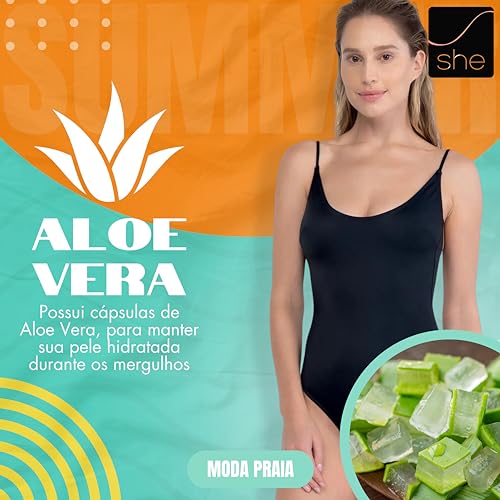 Maiô Feminino Amarração Costa Bojo Removível UV50+ Aloe Vera She by Mash Feminino, Preto, P