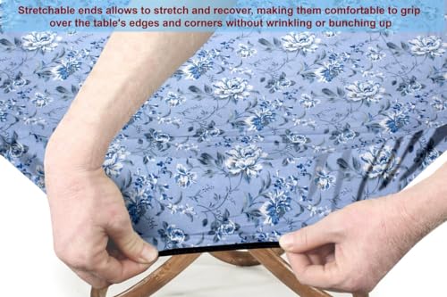 Image of The Furnishing Tree Elastic Cotton Round Dining Table Cover 54x54 in Inches Floral White Rose on Blue Base