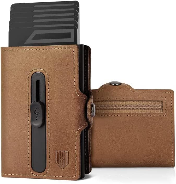 DODENSHA Airtag Wallet, Men's Genuine Leather Slim Credit Card Holder, Metal RFID Blocking Pop Up Credit Card Wallet Smart Wallet for Men with Coin Pocket & ID Window