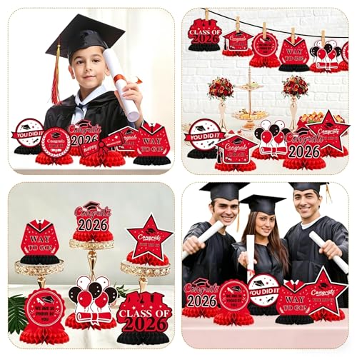 Image of Graduation Decorations 2026, 10PCS Graduation Centerpieces for Table Red Black Graduation Party Decorations Class of 2026 Congrats Grad Honeycomb Centerpieces Table Decor for Graduation Party Supplies