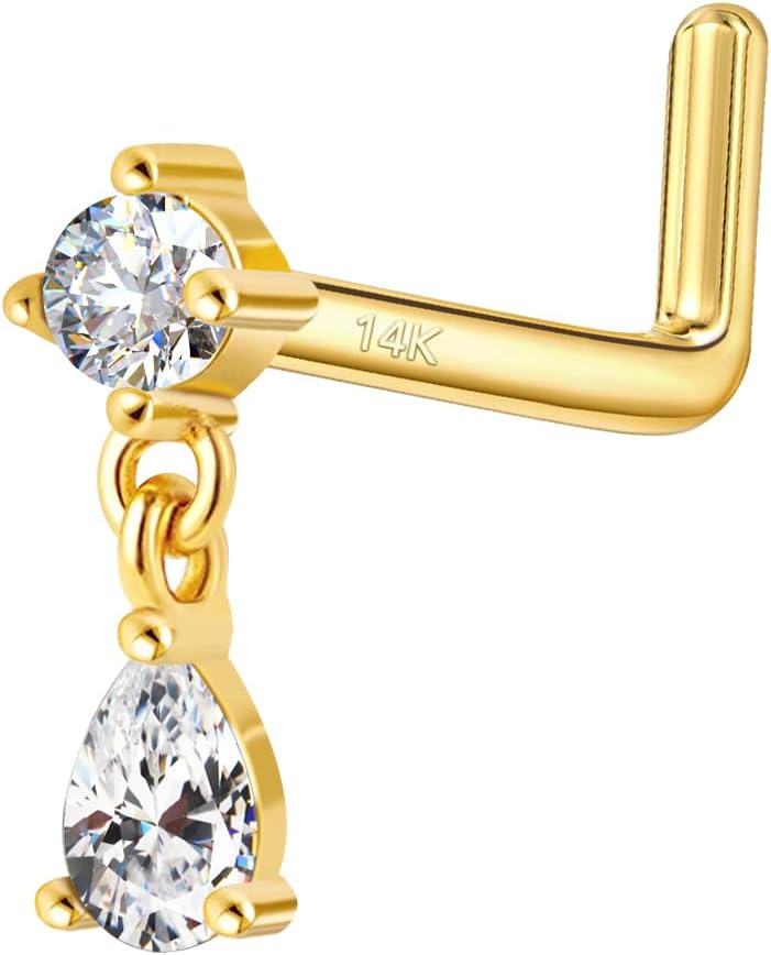 14K Yellow/White Gold Dangle Nose Studs, 20G 6mm Nose Rings Stud L Shape Nose Piercing Jewelry