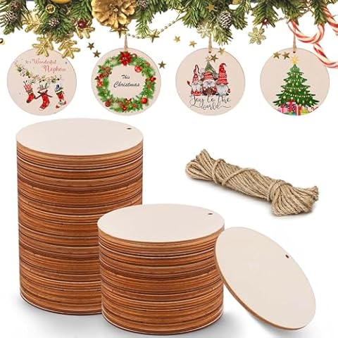 AIERSA Wooden Christmas Ornaments Crafts for Kids to Paint, 45pcs Round Wood Painting Cutouts, Paintable Unfinished Wood Crafts Bulk for Christmas Party, Kids Classroom Arts Craft, DIY Gift Tags Cover