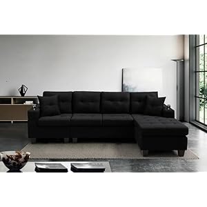 Reversible Sectional Fabric Sofa Couch with Built-in Cup Holder and Tufted Chaise Lounge (Black)