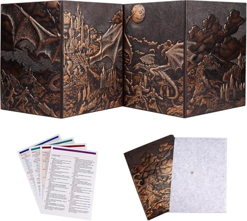 DND Dungeon Master Screen 5e, 3D Faux Leather D&D DM Screen, 4 Panel with Pockets for Dungeons and Dragon, GM RPG Accessories Gift Included Customized Inserts and Storage Case (Copper)