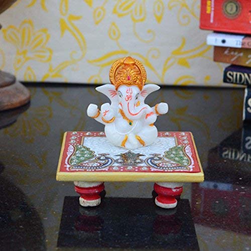Ganesha sur Chowki en marbre, statuette artisanale d'exception 10x10x10 cm - 2