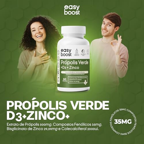 Extrato de Própolis Verde 35mg de Compostos Fenólicos + Vitamina D3 2000ui + Zinco Bisglicinato Easy