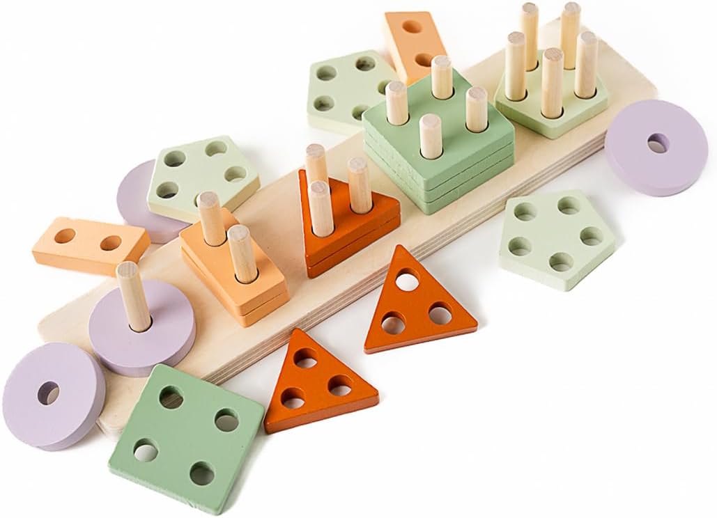 ANGORA BRANDS Montessori Wooden Shape Sorter & Stacking Toy for Toddlers 3+, Educational Puzzle that Builds Fine Motor & Cognitive Skills by Playfully