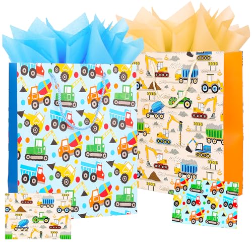 Dimetey Bolsa de regalo grande de 12.6 pulgadas para bebés y niños con papel de seda y tarjeta de felicitación, 2 bolsas de regalo de papel para vehículos de construcción con asas para Navidad,