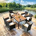Ampela 7 Pieces Outdoor Patio Dining Set, Wicker Patio Conversation Set with Wooden Table Top and 6 Chairs with Soft Cushions for Deck, Backyard, Garden