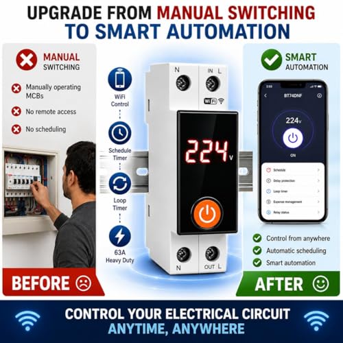 Image of Blackt Electrotech BT74NF 63A Wi-Fi Smart Circuit Breaker | 90-250V Remote Control, Timer & Schedule Function | Compatible with SmartLife, Alexa & Google Home | On /Off Switch (With Display)