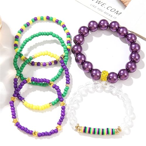 Dreuyet Mardi Gras Bracelets for Women Charm Purple Green Gold Beaded Stretch Bracelets Fashion Simple Fleur De Lis Bracelets Carnival Holiday Accessory Party Gifts2