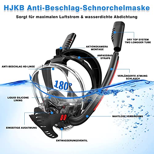 Foto von BOKEFA Tauchmaske Schnorchelmaske Vollmaske CO2 Sicheres Atmen Müheloses Atmen 180° Sichtfeld Anti-Leck Doppelrohre mit Kamerahalterung Schnorchelsets für Kinder und Erwachsene (L/XL, Schwarz)…