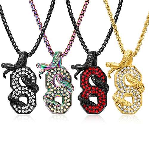 Rowin&Co Number 8 Necklaces Personalized Snake Pendant Chain Gold Black Red Rainbow Initial Number Pendant Stainless Steel Cobra Chain Sports Cubic Zirconia Animal Necklace Men Jewelry Gifts. (D) #TOP3