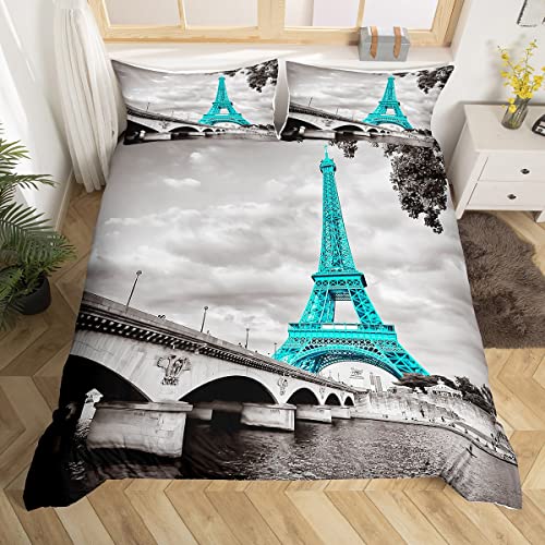 Ensemble de literie Tour Eiffel 220x240cm filles mode Teal Paris thème housse de couette enfants...
