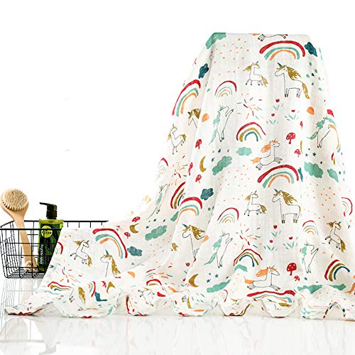Image of Kassy Pop Printed 6 Layer Bamboo Muslin Blanket Cum Swaddling Towel for Baby, Toddlers | 70% Bamboo, 30% Cotton | AC Quilt, Multi-Purpose Blanket | Toxin Free | 110cm x 110cm (Rainbow Print)