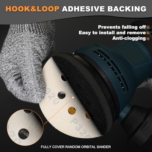 BMOTL 50Pcs 5-Inch Premium Sanding Discs Hook & Loop 8-Hole:60-320 Assorted Grit Round Sandpaper for Random Orbital Sander Woodworking Finishing/Automotive Polishing/Metal Sanding