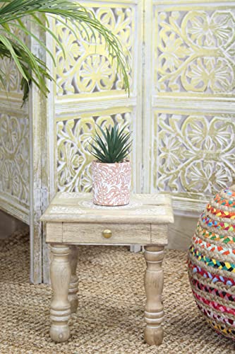 Wooden Bedside Accent Side Table -Suzani- Entryway Living Room Family Room - Antique Brown 12X12X12-No Tools Assembly- Carved Solid Wood Boho Plant Stand Meditation End Table With Drawer -Cotton Craft #TOP3