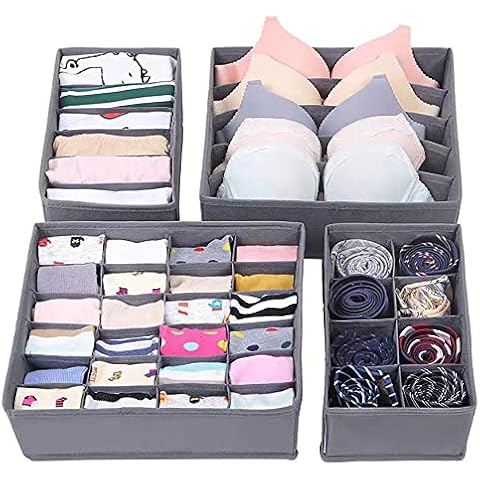 BSTMOME Underwear Drawer Organiser, Bra Drawer Organisers, Fabric Foldable Wardrobe Storage Box with Dividers for Clothes, Jeans, Underwear, Bra, Sock, Ties, T-shirt, Belts, Makeup, Set of 4 (Grey) Cover