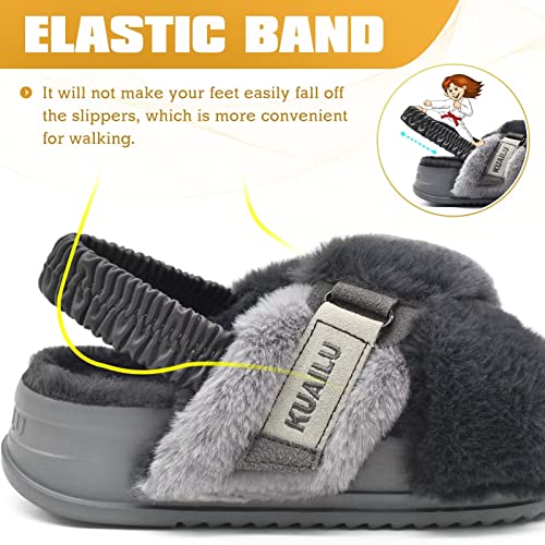 Kuailu Womens Fuzzy Criss Cross Band Platform Slippers Back Strap Fluffy Furry Faux Fur Ladies Open Toe Slingback Slide Slippers Cozy Soft Plush Fleece Comfy House Shoes Sandals Indoor Outdoor Grey 8 #TOP2