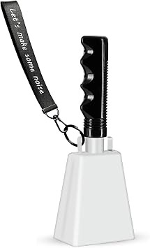 Cowbell Noise Makers with Handle and Wrist Strap 8 Inch Loud Steel Cheering Cow Bells for Sporting Events, Football Games, Parties, Concerts & More White